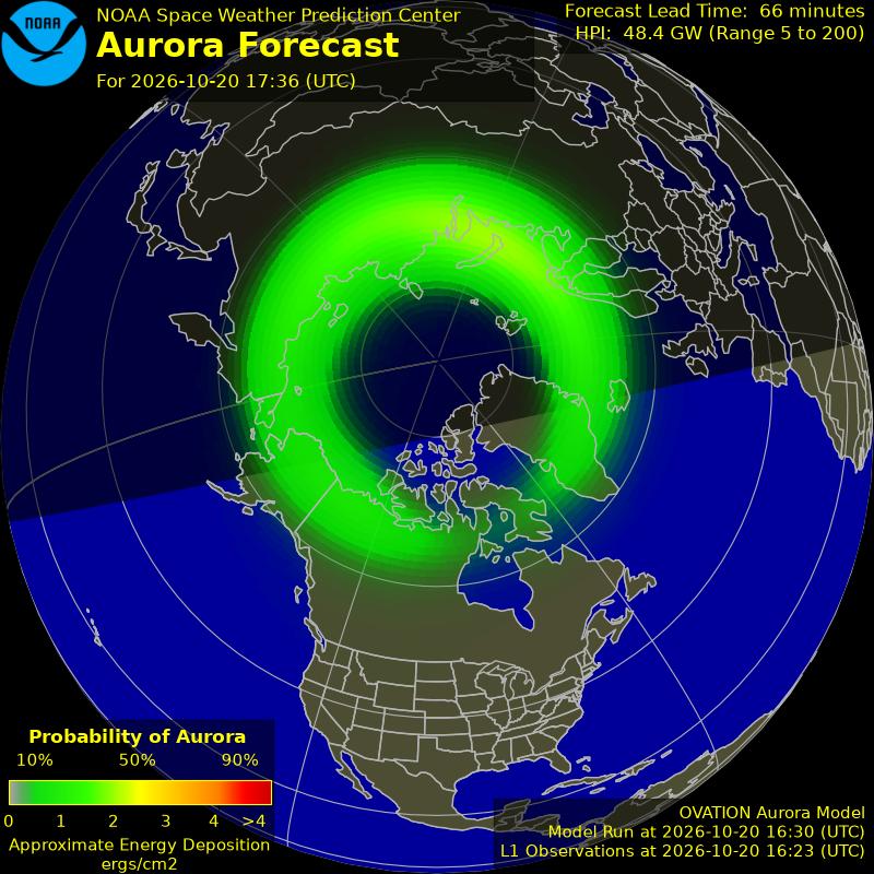 NOAA SWPC OVATION aurora forecast map of the Northern Hemisphere showing a green oval over Canada, Alaska and northern Europe