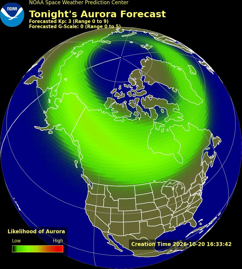 NOAA SWPC experimental Tonight's Aurora Forecast map of North America, with the aurora likelihood band over Canada and Alaska