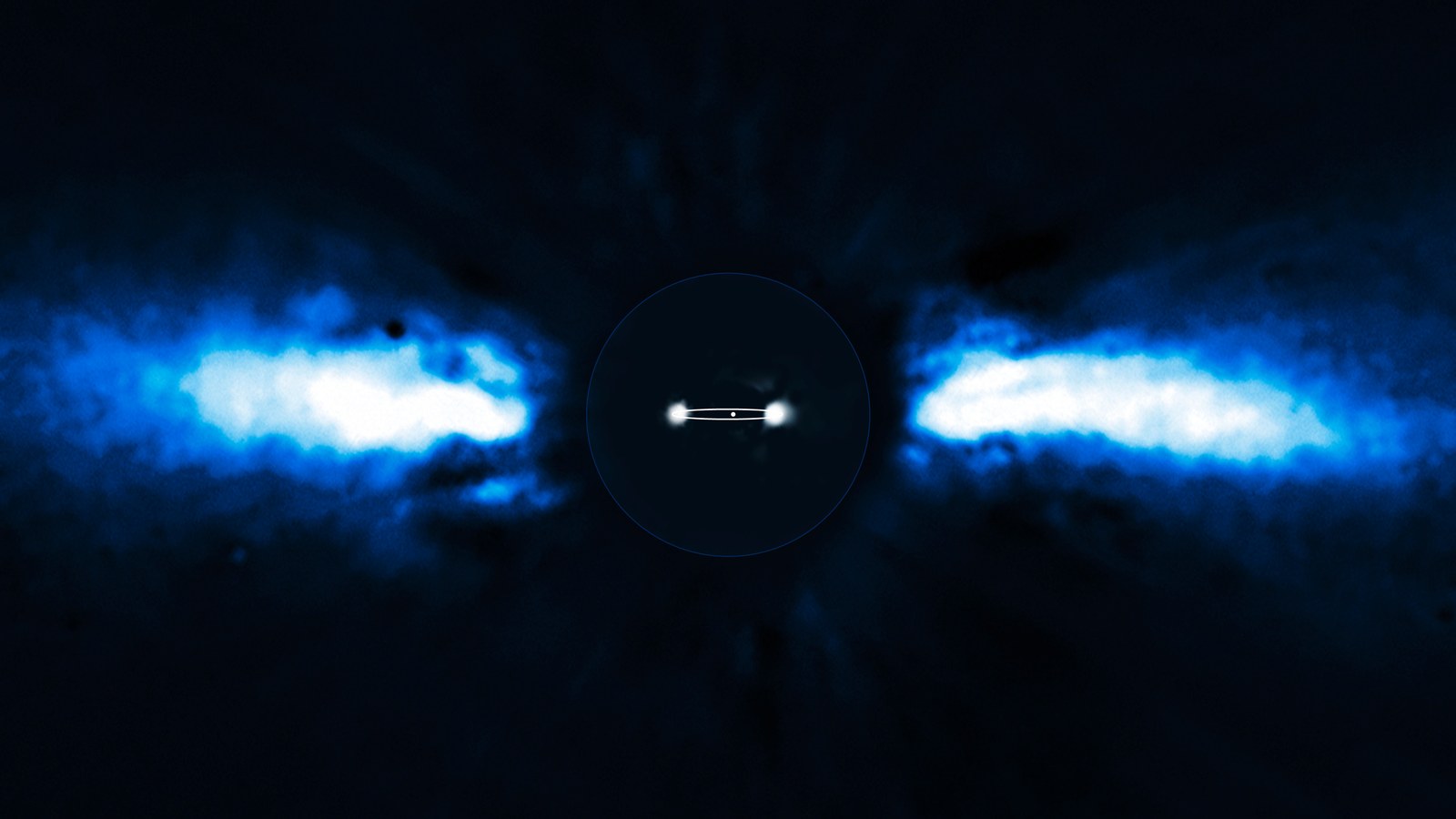 Composite showing Beta Pictoris debris disk and the planet Beta Pictoris b at two orbital positions