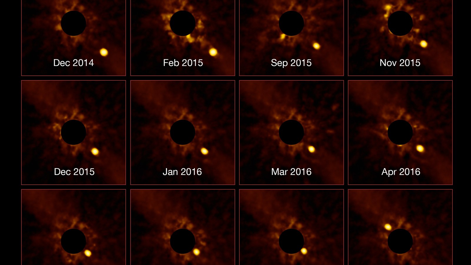 SPHERE time-lapse frames of exoplanet Beta Pictoris b orbiting its star, with the star blocked by a coronagraph
