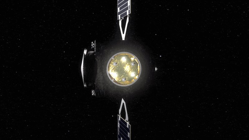 Illustration of the Hera spacecraft seen head-on against black space, its solar wings above and below and a ring of thrusters glowing on its base