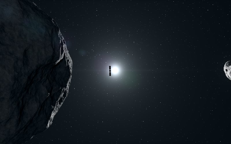 Illustration of ESA’s Hera spacecraft flying between the asteroid Didymos and its moonlet Dimorphos — ESA