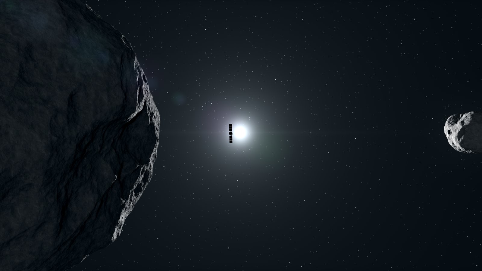 Illustration of the small Hera spacecraft silhouetted against the bright Sun, flying between the large rocky asteroid Didymos and its small moon Dimorphos