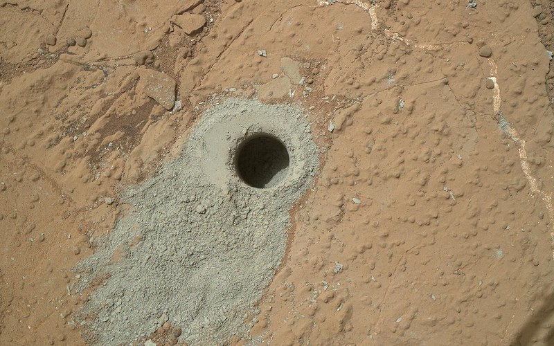Close-up photograph of the Cumberland drill hole in Gale Crater mudstone