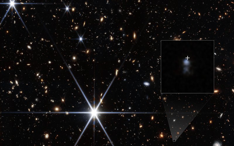 Webb NIRCam deep field with an inset zooming in on the faint host galaxy of FRB 20240304B, a white cross marking the burst — NASA, ESA, CSA, STScI, T. Nanayakkara (USYD)