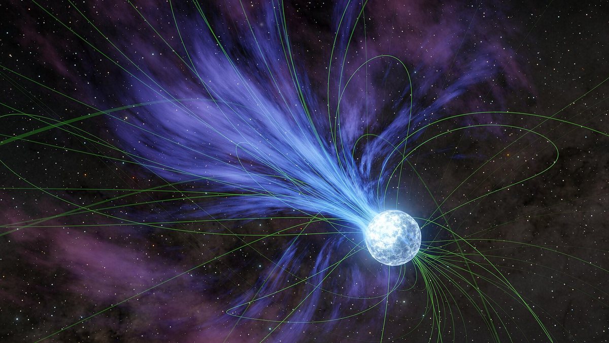 Artist’s concept of a magnetar: a glowing white neutron star wrapped in thin green magnetic field lines, throwing a broad plume of blue-violet material into space