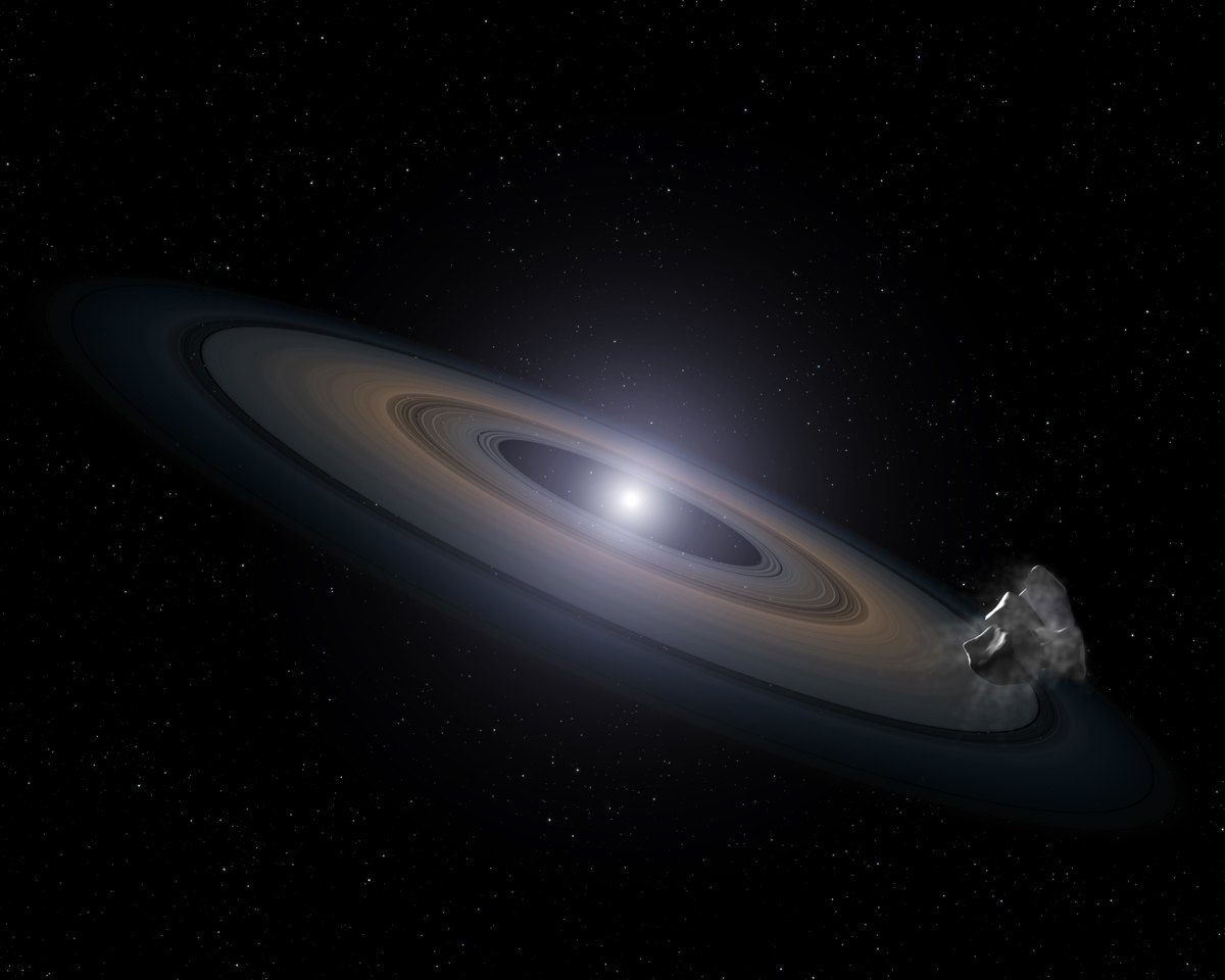 Artist’s illustration of a white dwarf surrounded by a disk of dust, with an asteroid falling toward it