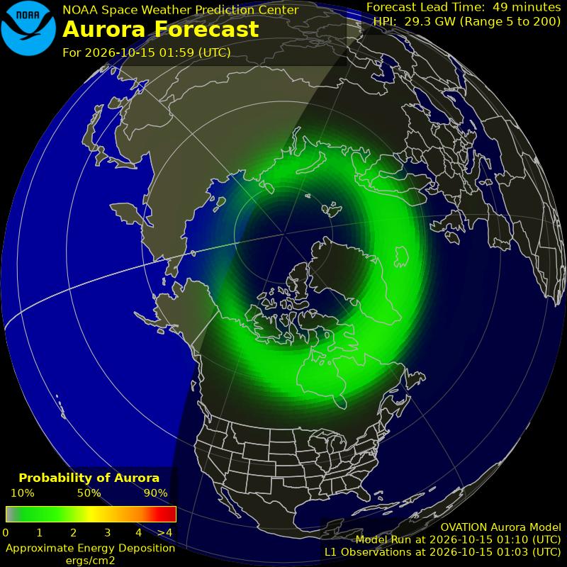 NOAA aurora forecast map of the Northern Hemisphere centered on the North Pole, with a green oval over Canada, Greenland and northern Eurasia