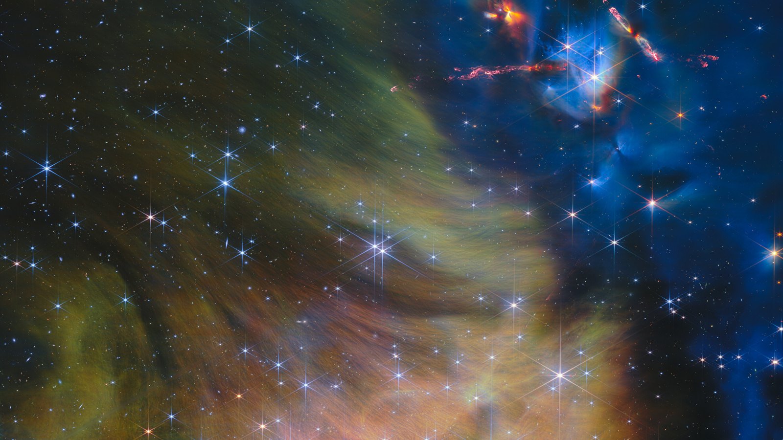 Near-infrared Webb view of IC 348: gold and green dust clouds, blue sky, and red jets from protostars at upper right