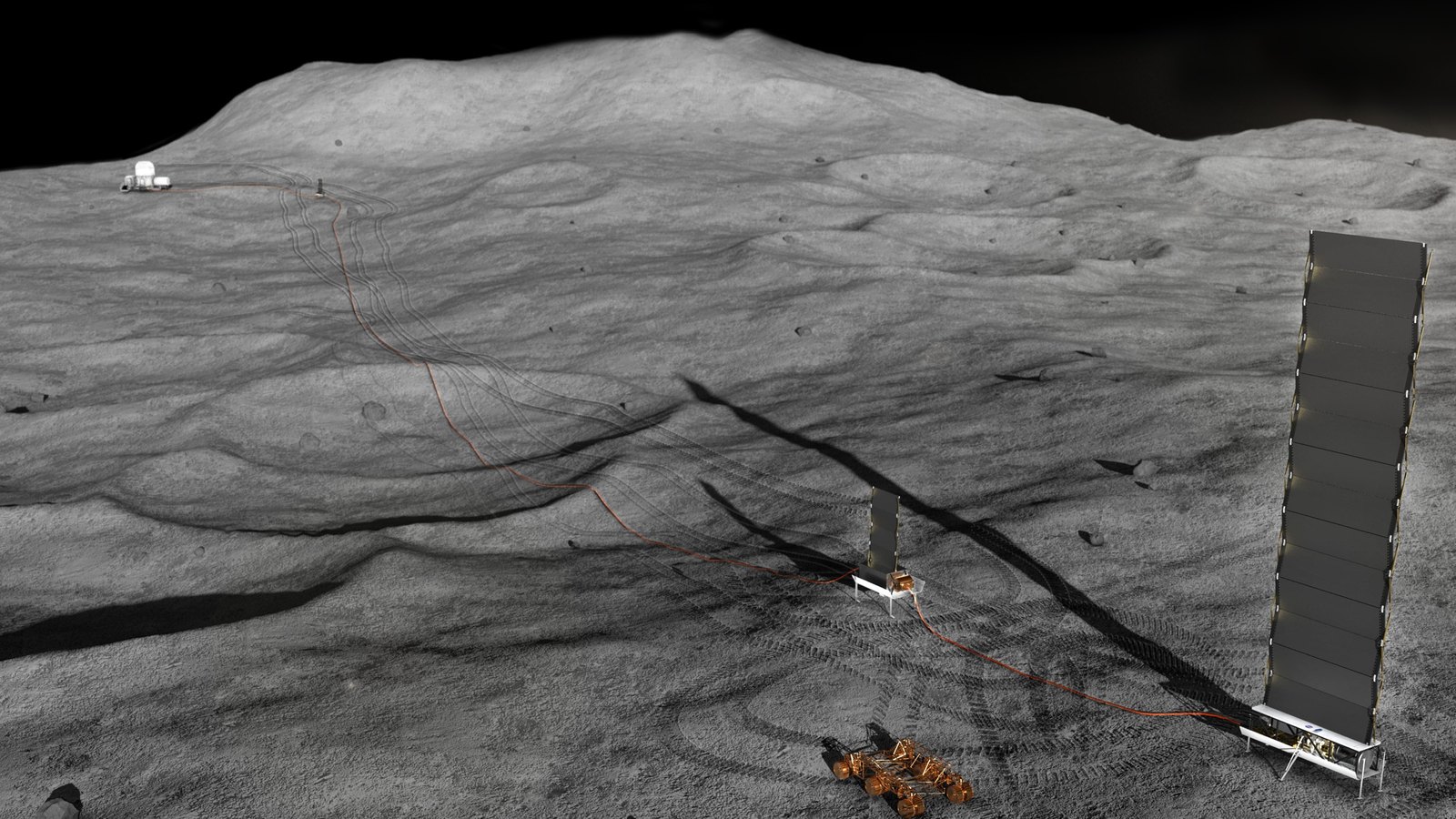 Artist’s concept of a fission power system on the lunar surface: a tall radiator, a smaller unit, cables, and a rover on gray regolith