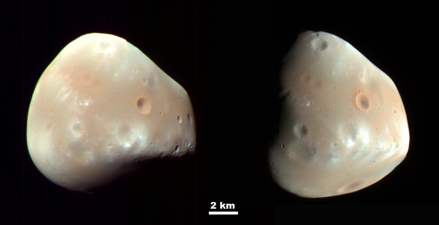 Two color views of Deimos, a small, smooth, pale moon, with a 2 km scale bar