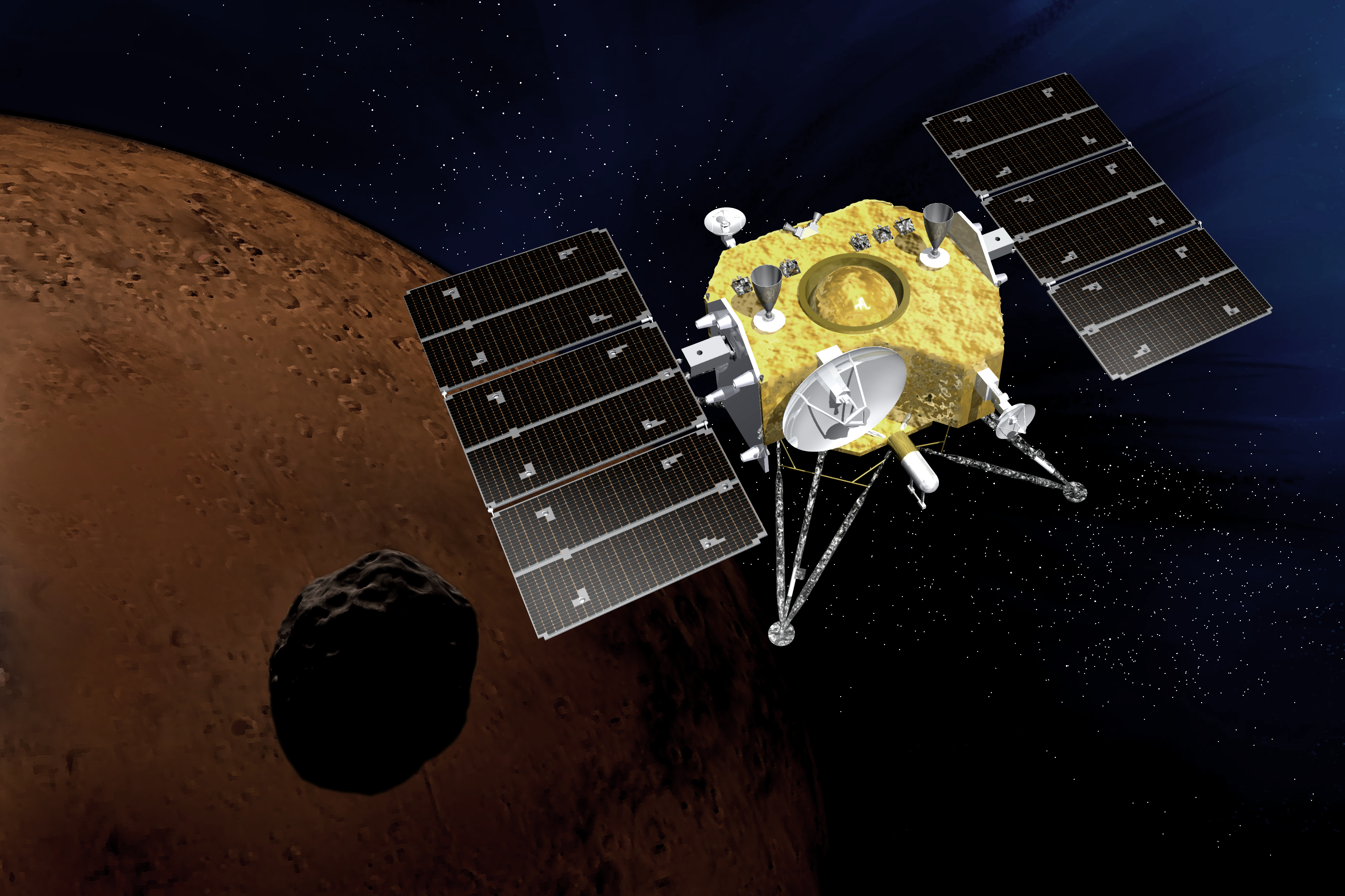 Artist’s illustration of the gold MMX spacecraft with solar panels flying above dark Phobos, with reddish Mars behind