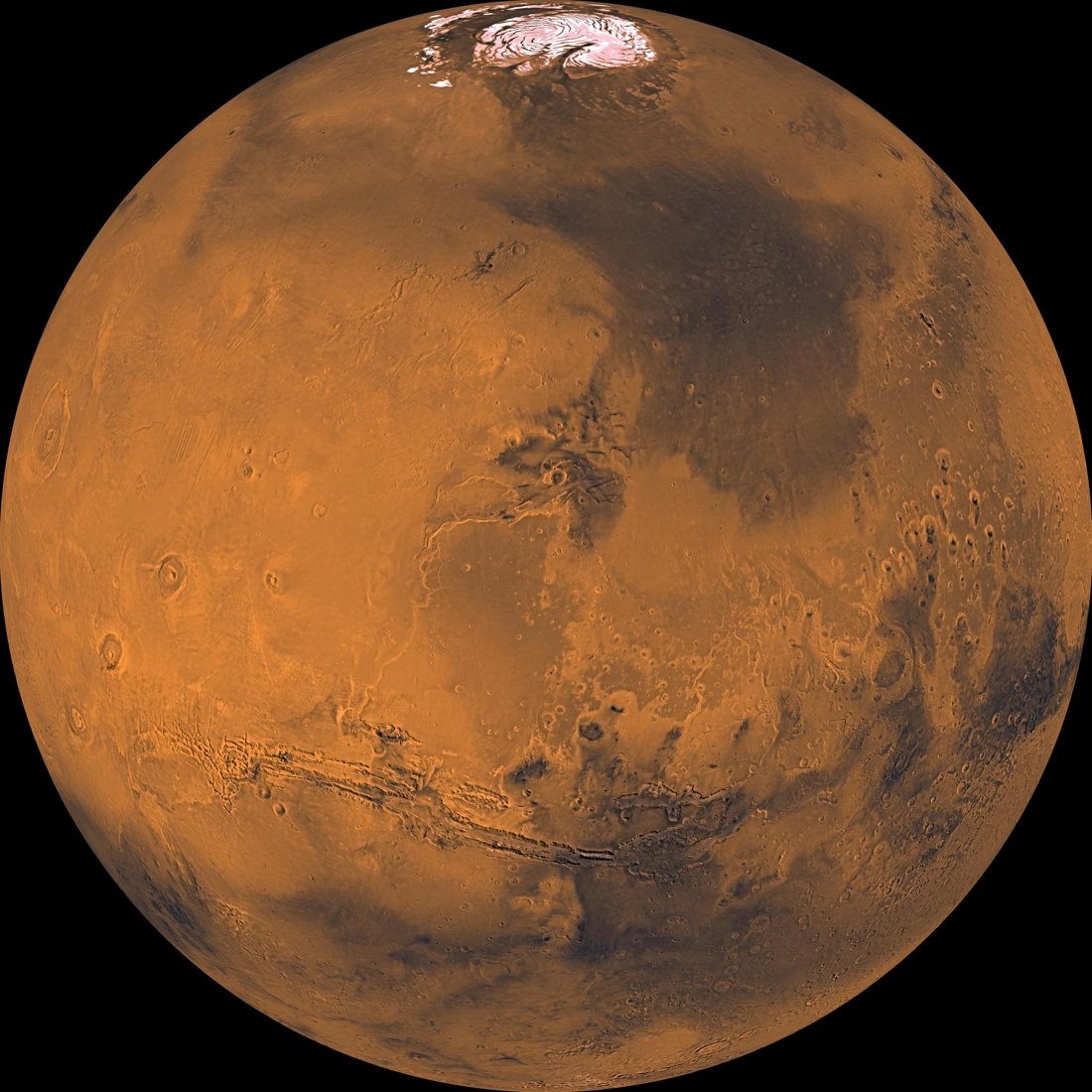 Global color view of Mars, an orange planet with dark markings and a white polar cap