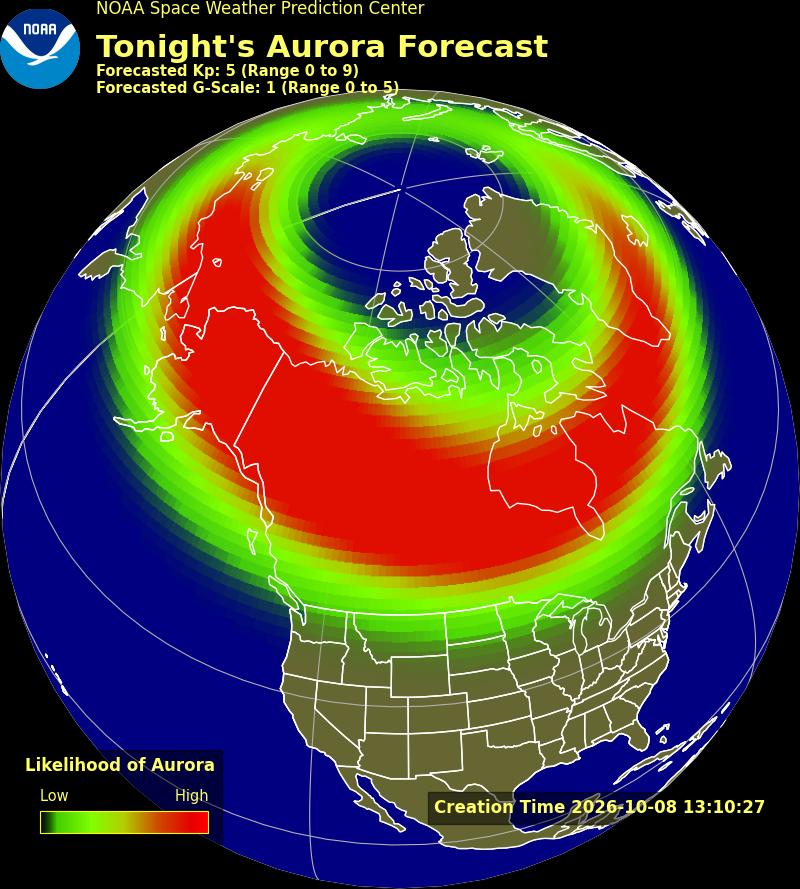 NOAA Space Weather Prediction Center map titled Tonight’s Aurora Forecast, forecasted Kp 5 and G-scale 1, with a green-to-red aurora likelihood band over Canada and the far northern United States, created 2026-10-08 13:10:27 UTC