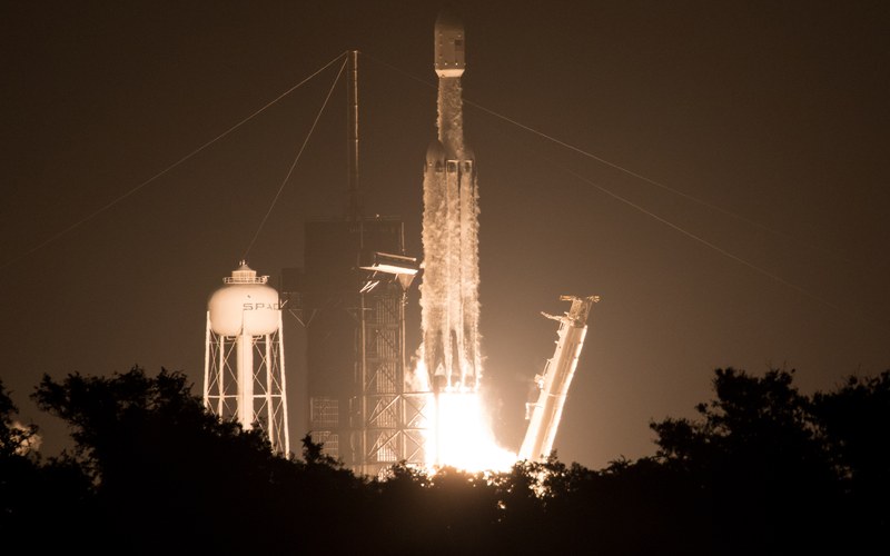 A SpaceX Falcon Heavy rocket lifting off from Launch Complex 39A at NASA’s Kennedy Space Center