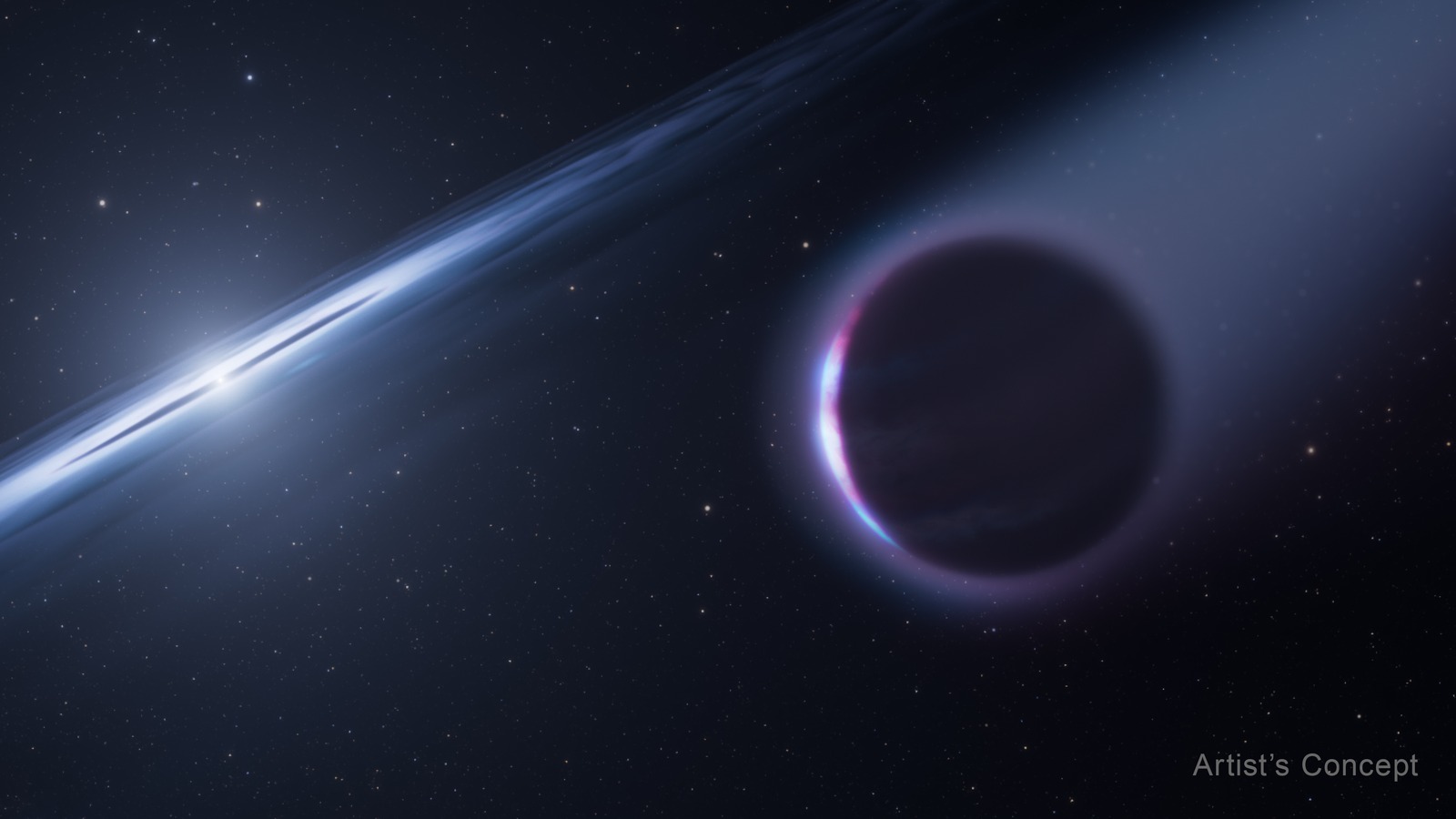 Artist’s concept of a second-generation gas giant orbiting a hot white dwarf, with atmosphere streaming toward the star