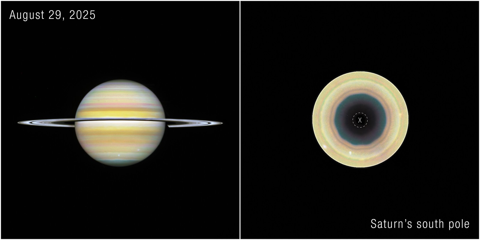 Side-by-side Hubble views: Saturn globe and labelled south-polar decagon from 29 August 2025