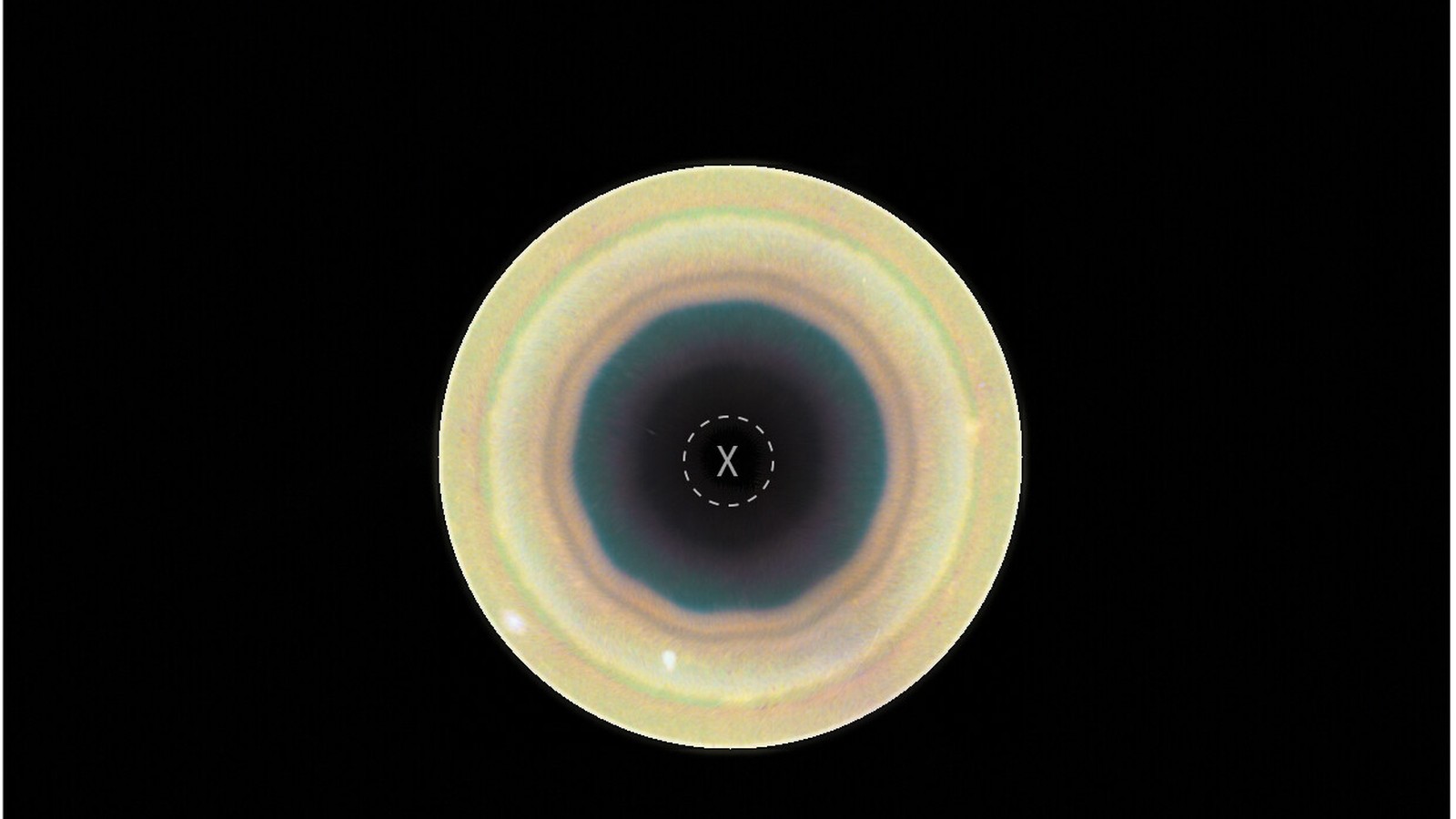 Colour polar view of Saturn’s south pole showing a labeled 10-sided atmospheric wave (decagon)