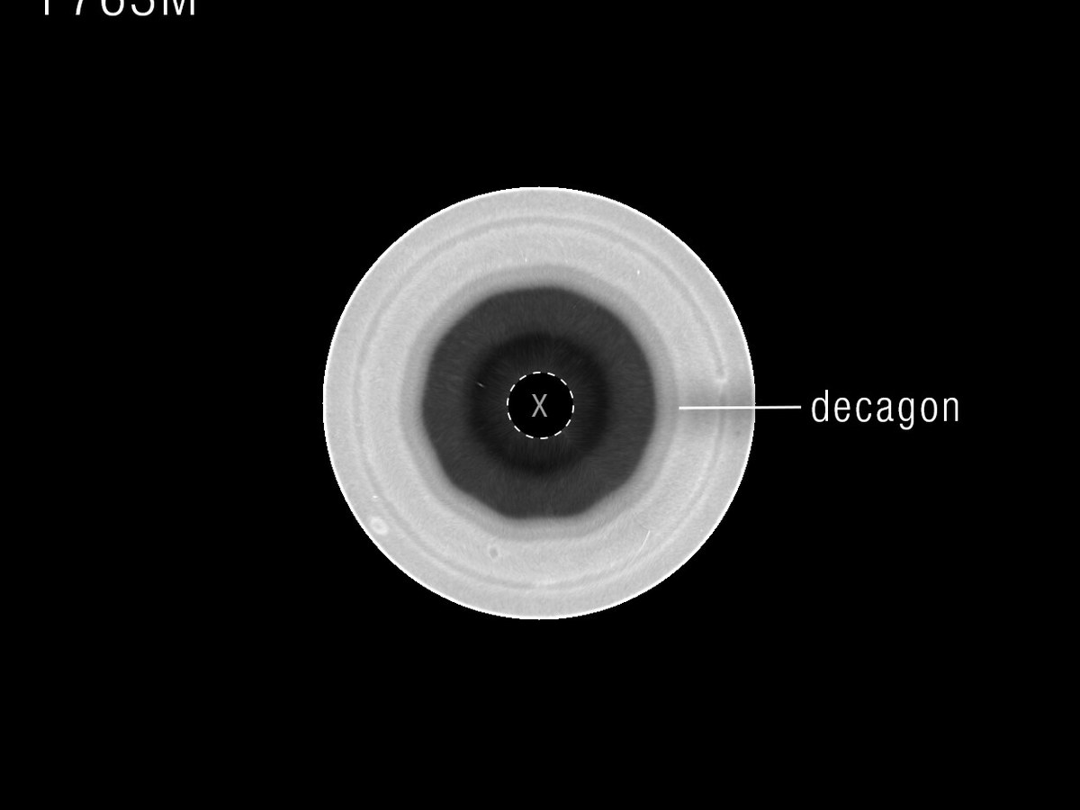 Single-filter Hubble polar view of Saturn’s south pole with the decagon outline labeled