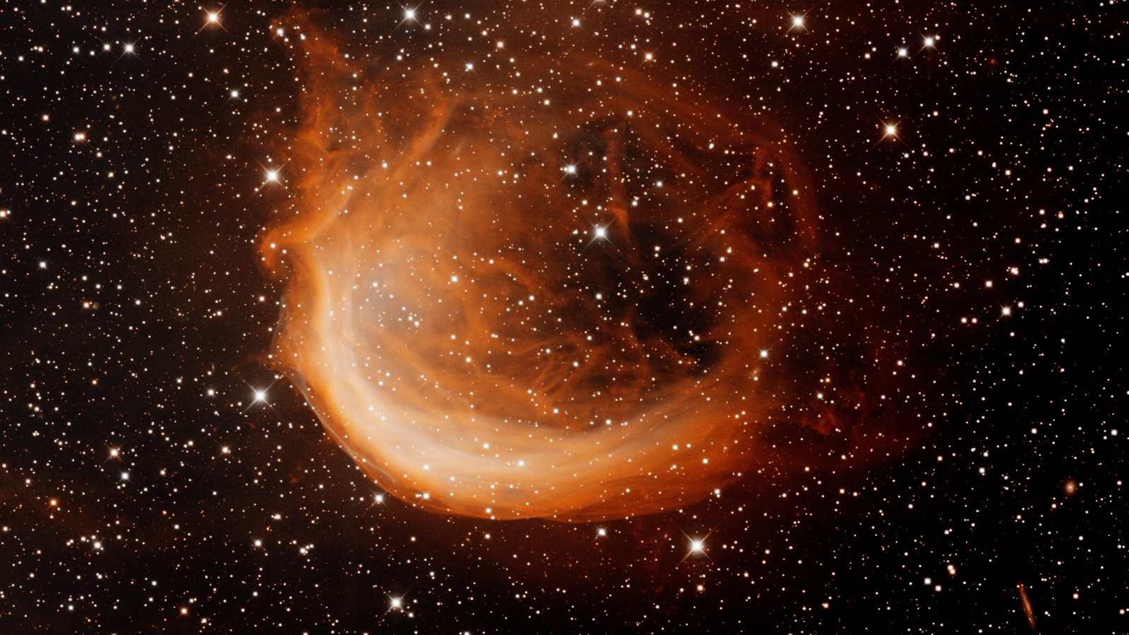 Crescent of glowing red and cyan gas — the Shrimp Nebula (Sh2-188) in Cassiopeia