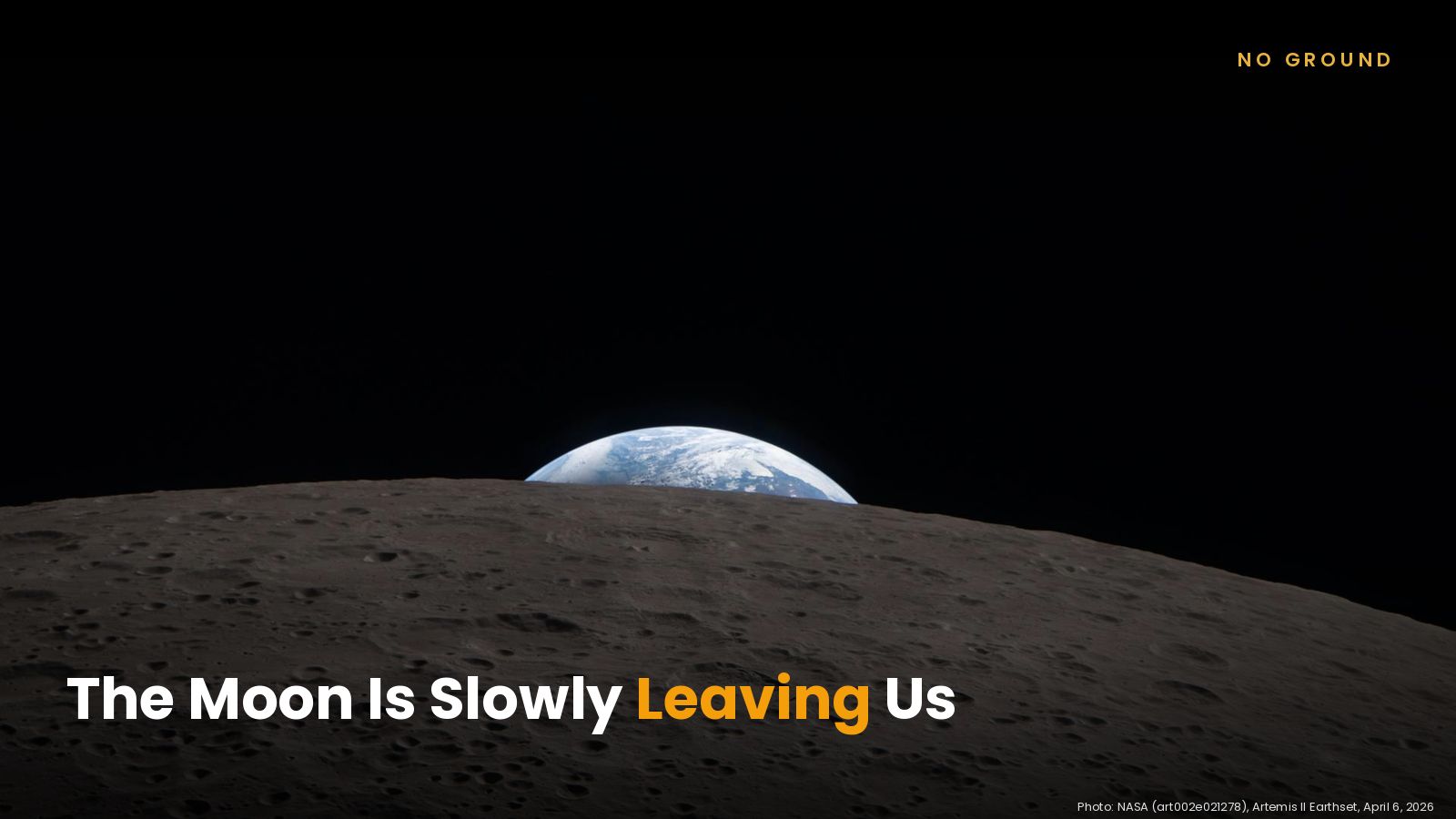 Earth rising above the curved gray surface of the Moon, seen by the Artemis II crew, with the headline The Moon Is Slowly Leaving Us