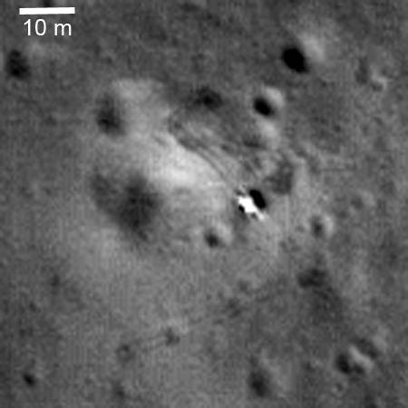 Orbital view of the Luna 21 lander on the floor of Le Monnier crater with the tracks of the Lunokhod 2 rover