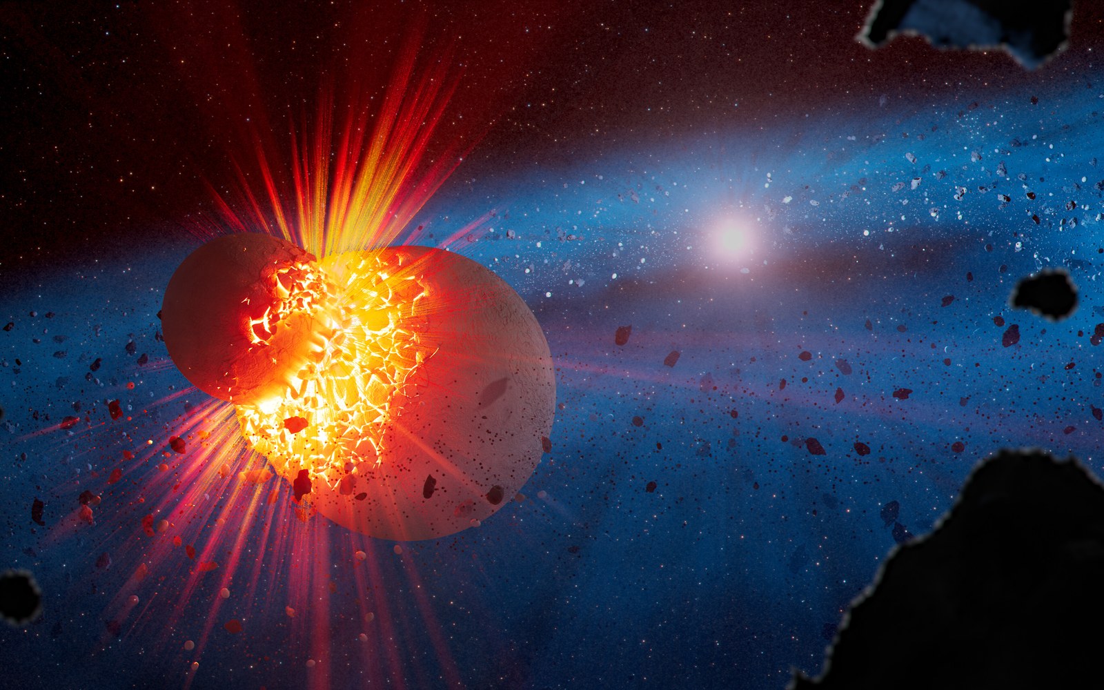 Artist’s concept of a planetary embryo colliding in a debris disk around a young star
