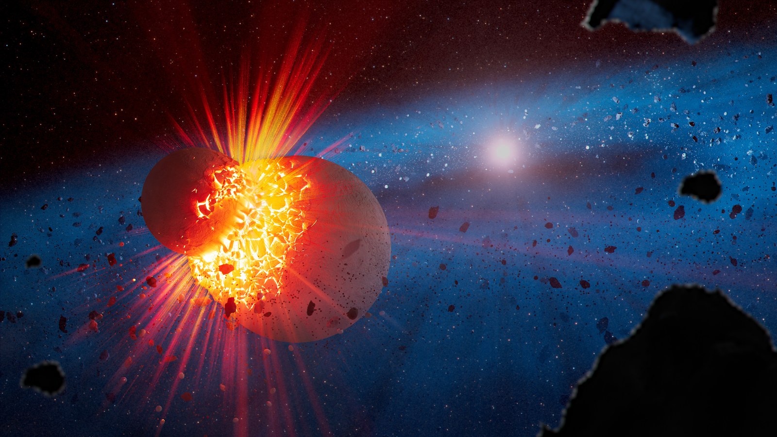 Artist’s concept of a planetary embryo colliding in a debris disk around a young star, with glowing impact vapor and rocky fragments