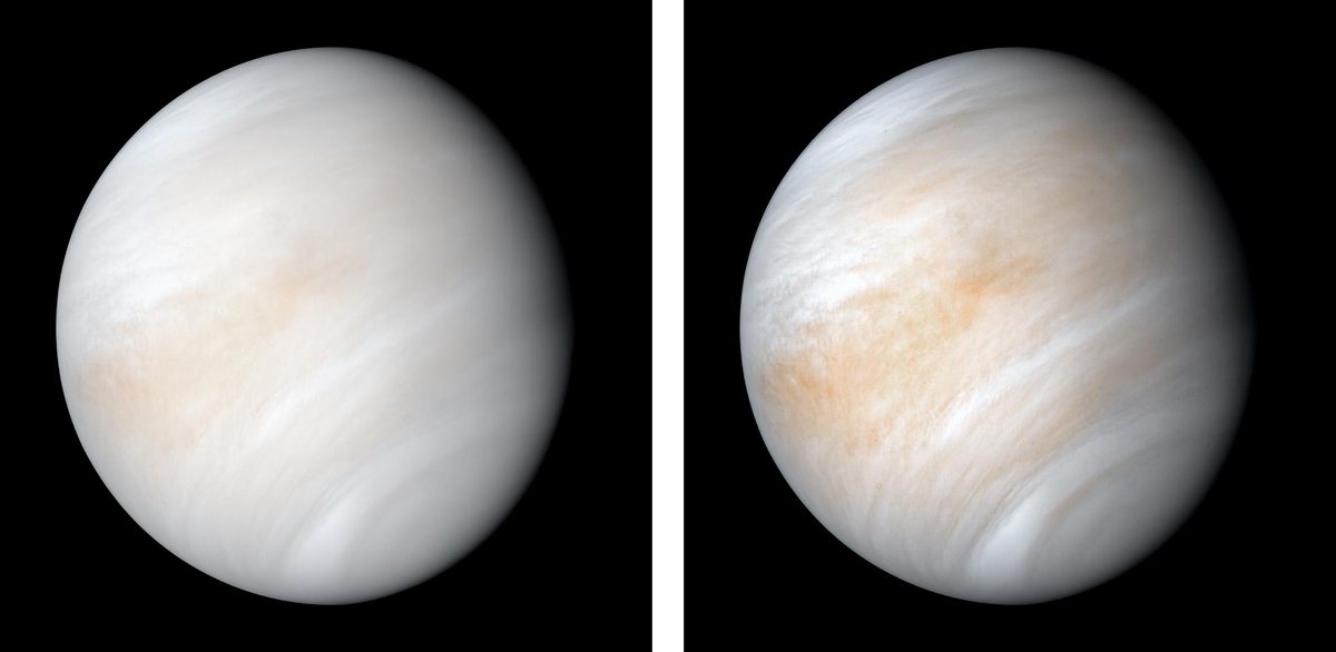 Two views of cloud-covered Venus side by side: a pale, nearly featureless globe on the left and a higher-contrast version with tan cloud streaks on the right
