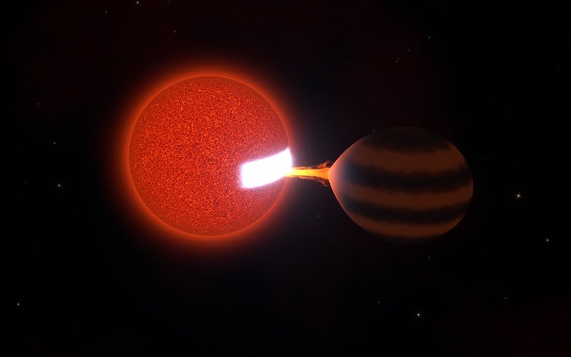Artist’s impression of a red dwarf pulling a bright stream of gas from a banded brown dwarf