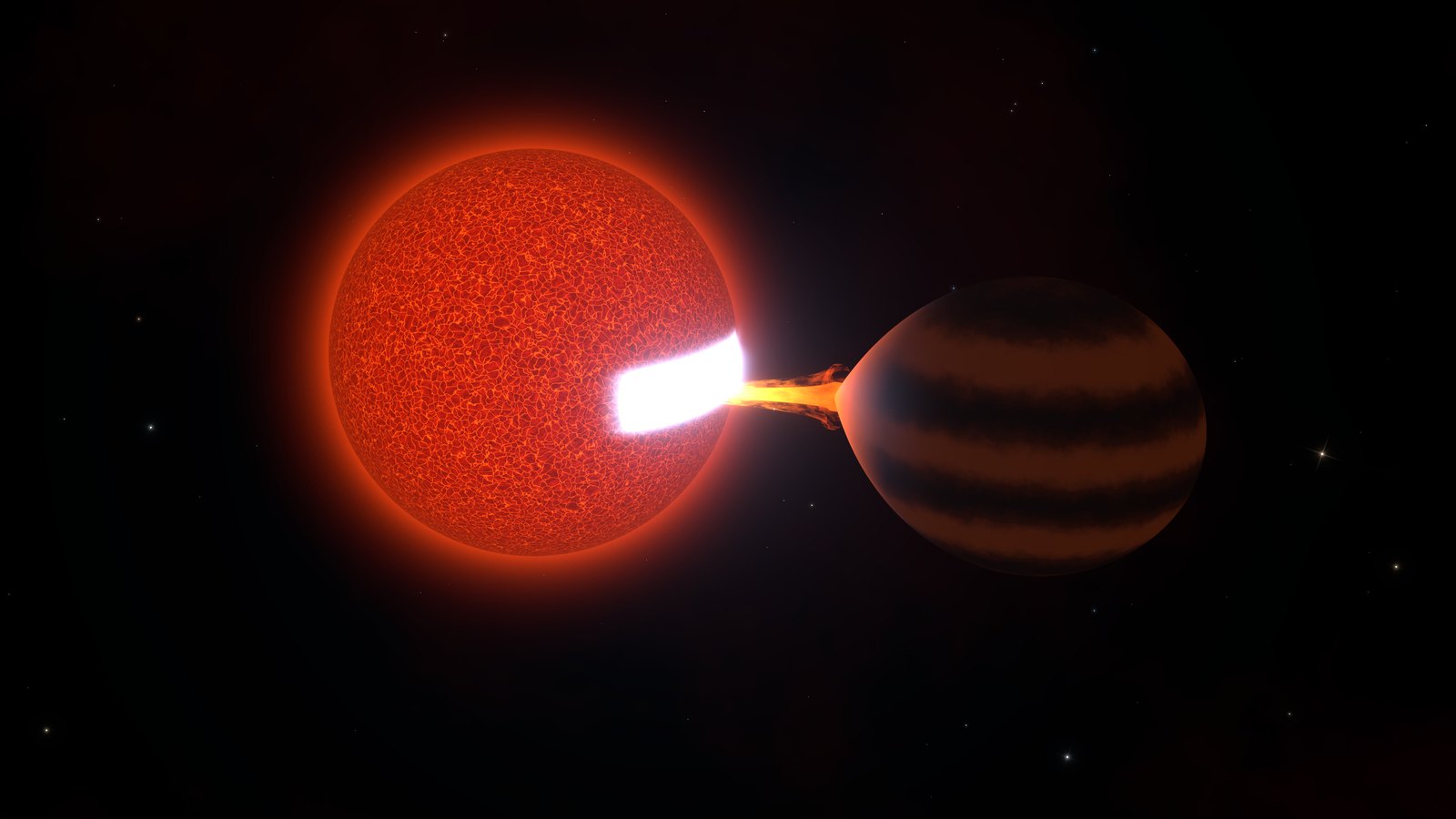 Artist’s impression of a red dwarf and an egg-shaped, banded brown dwarf; a bright stream flows from the brown dwarf and strikes a glowing white hot spot on the red star